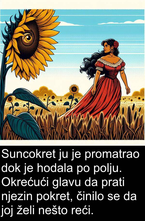 reći: Suncokret ju je promatrao dok je hodala po polju. Okrećući glavu da prati njezin pokret, činilo se da joj želi nešto reći.