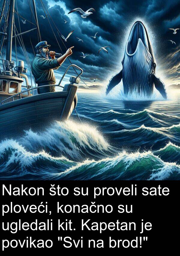 brod: Nakon što su proveli sate ploveći, konačno su ugledali kit. Kapetan je povikao "Svi na brod!"