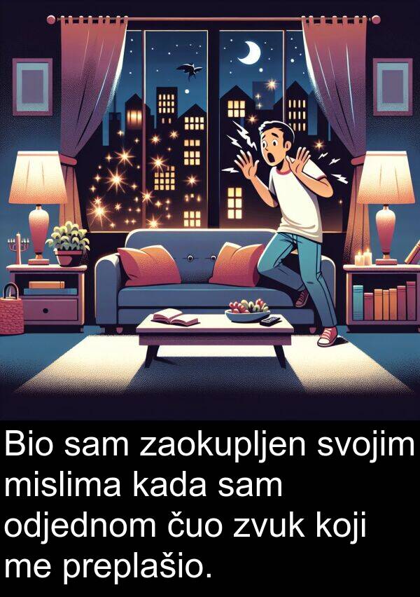 zaokupljen: Bio sam zaokupljen svojim mislima kada sam odjednom čuo zvuk koji me preplašio.
