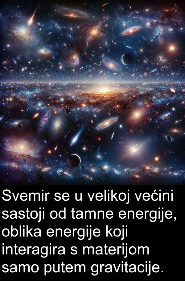 velikoj: Svemir se u velikoj većini sastoji od tamne energije, oblika energije koji interagira s materijom samo putem gravitacije.