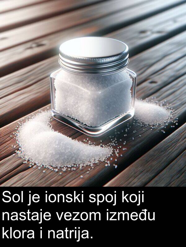 ionski: Sol je ionski spoj koji nastaje vezom između klora i natrija.