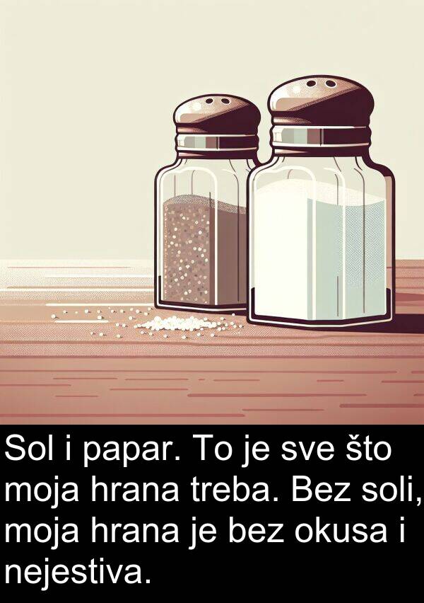 hrana: Sol i papar. To je sve što moja hrana treba. Bez soli, moja hrana je bez okusa i nejestiva.