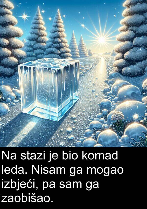zaobišao: Na stazi je bio komad leda. Nisam ga mogao izbjeći, pa sam ga zaobišao.