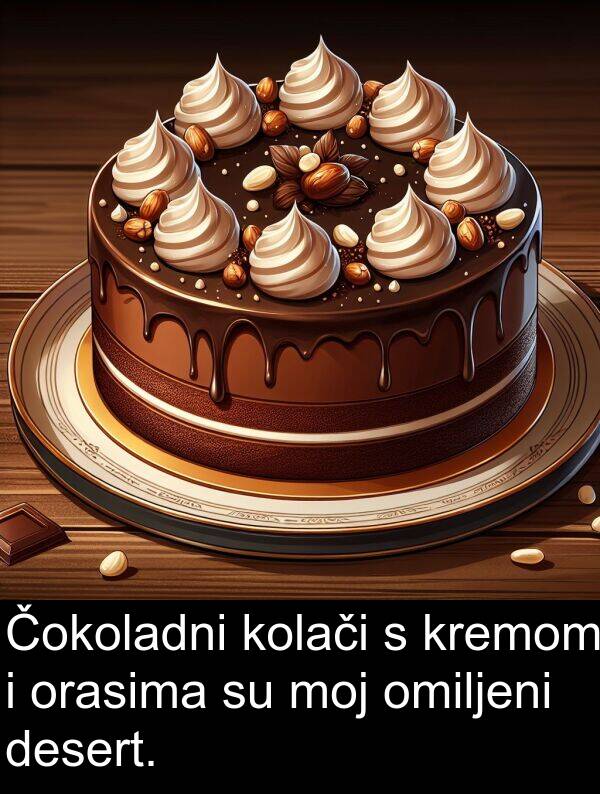 omiljeni: Čokoladni kolači s kremom i orasima su moj omiljeni desert.