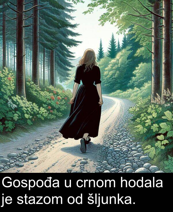 crnom: Gospođa u crnom hodala je stazom od šljunka.