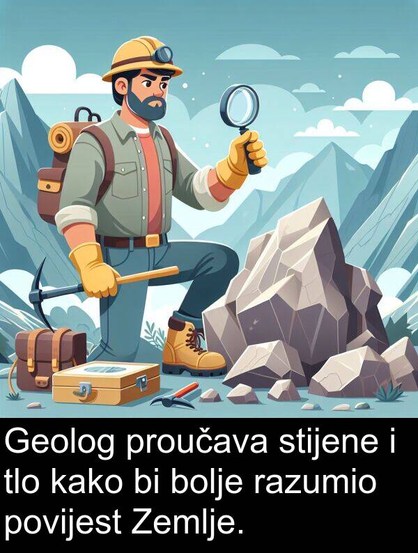 tlo: Geolog proučava stijene i tlo kako bi bolje razumio povijest Zemlje.