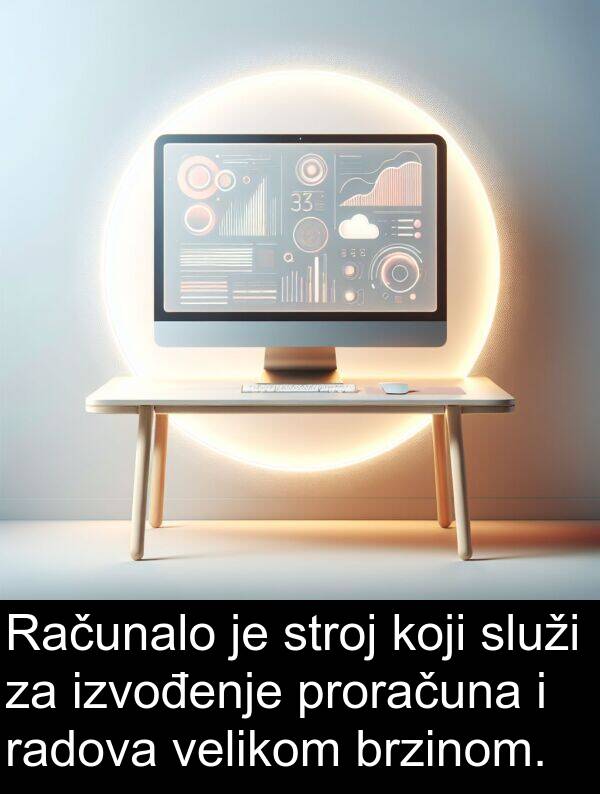 velikom: Računalo je stroj koji služi za izvođenje proračuna i radova velikom brzinom.