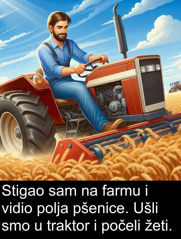 farmu: Stigao sam na farmu i vidio polja pšenice. Ušli smo u traktor i počeli žeti.