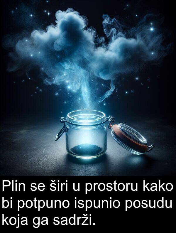 širi: Plin se širi u prostoru kako bi potpuno ispunio posudu koja ga sadrži.
