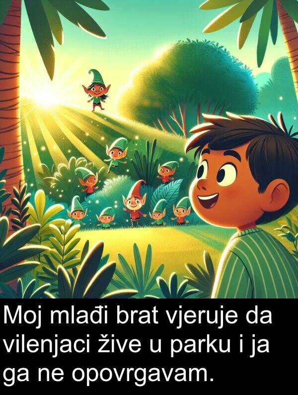 parku: Moj mlađi brat vjeruje da vilenjaci žive u parku i ja ga ne opovrgavam.