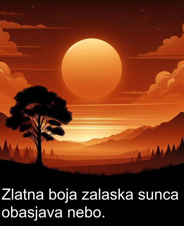 nebo: Zlatna boja zalaska sunca obasjava nebo.