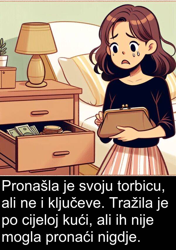cijeloj: Pronašla je svoju torbicu, ali ne i ključeve. Tražila je po cijeloj kući, ali ih nije mogla pronaći nigdje.