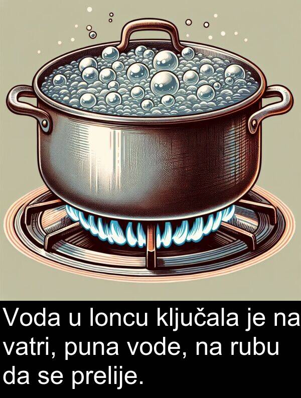 puna: Voda u loncu ključala je na vatri, puna vode, na rubu da se prelije.