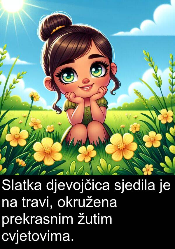 okružena: Slatka djevojčica sjedila je na travi, okružena prekrasnim žutim cvjetovima.