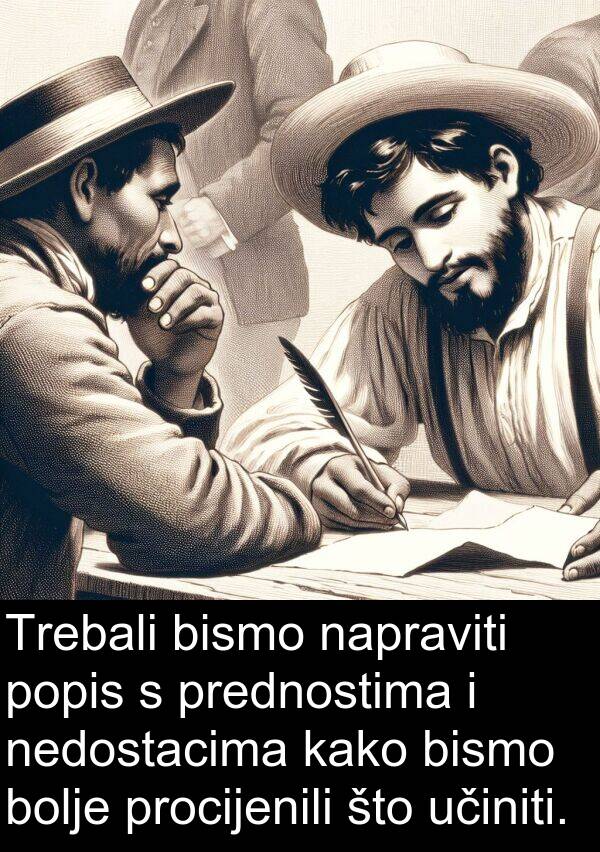 napraviti: Trebali bismo napraviti popis s prednostima i nedostacima kako bismo bolje procijenili što učiniti.