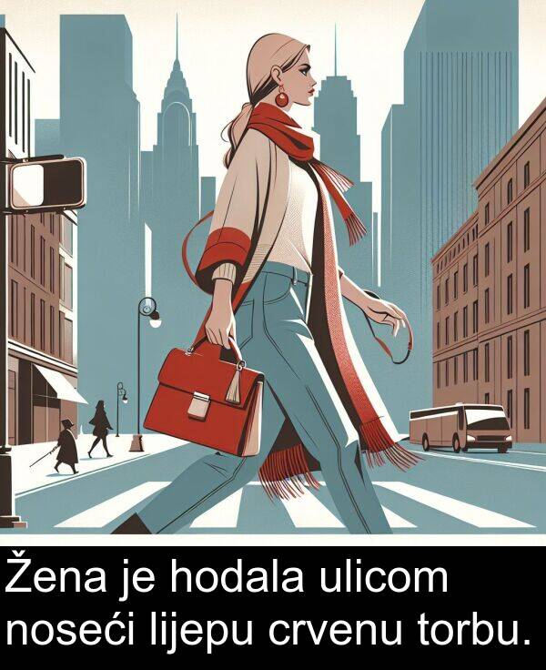 crvenu: Žena je hodala ulicom noseći lijepu crvenu torbu.