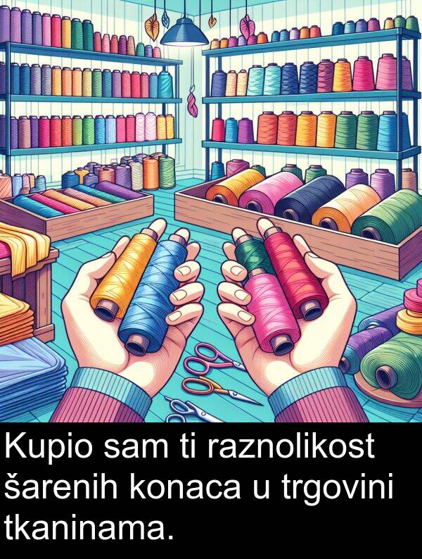 šarenih: Kupio sam ti raznolikost šarenih konaca u trgovini tkaninama.