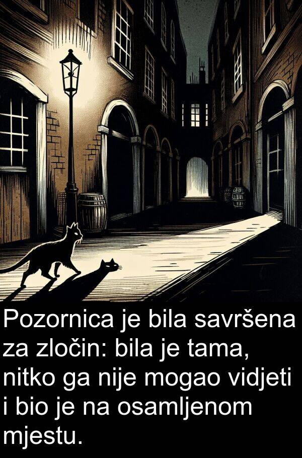 tama: Pozornica je bila savršena za zločin: bila je tama, nitko ga nije mogao vidjeti i bio je na osamljenom mjestu.