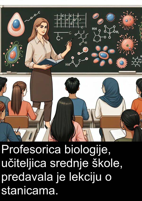 srednje: Profesorica biologije, učiteljica srednje škole, predavala je lekciju o stanicama.