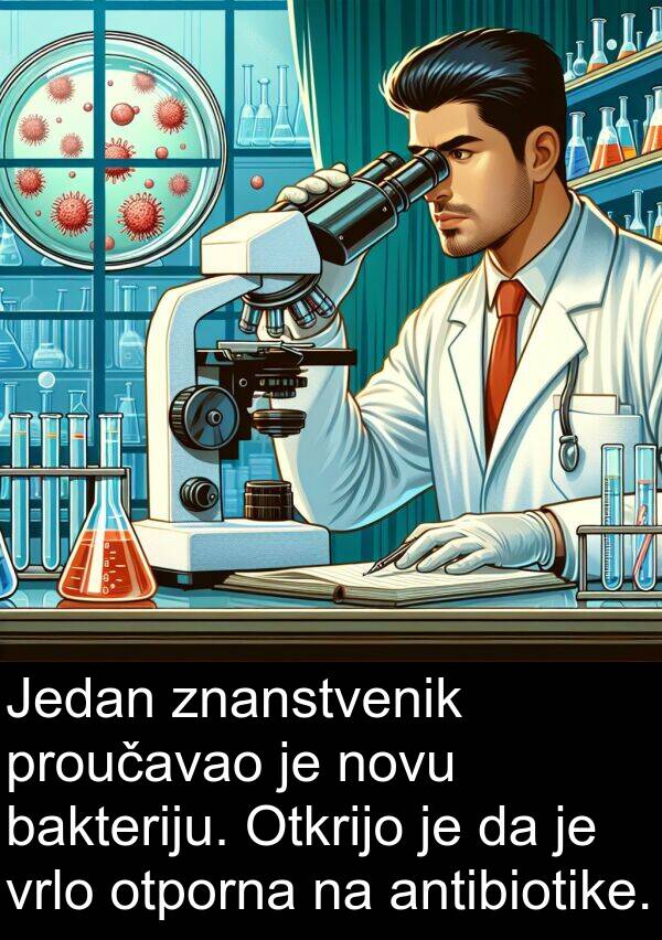 antibiotike: Jedan znanstvenik proučavao je novu bakteriju. Otkrijo je da je vrlo otporna na antibiotike.