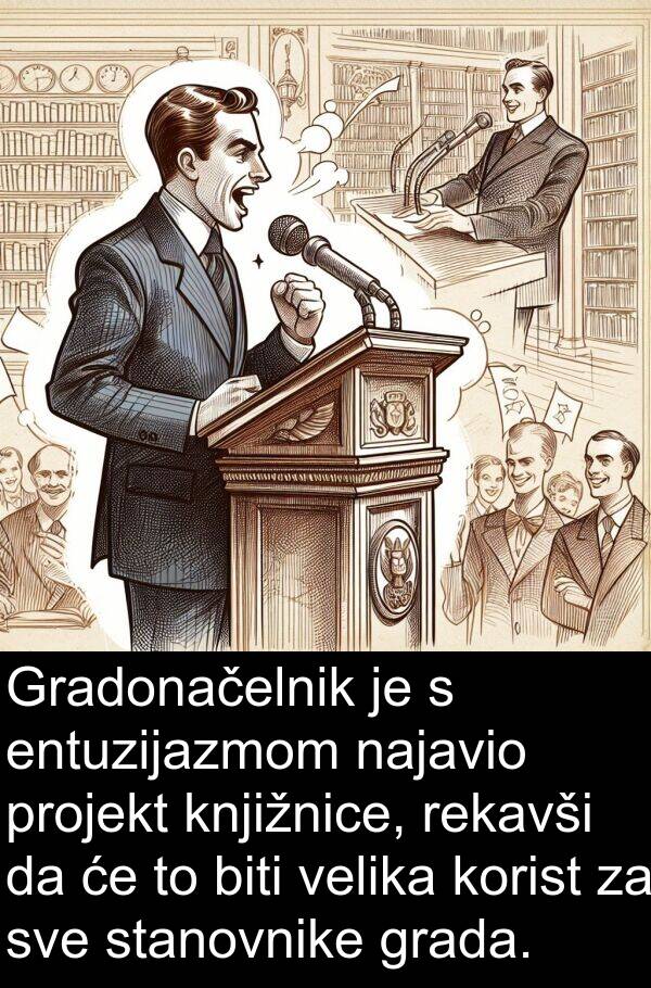 grada: Gradonačelnik je s entuzijazmom najavio projekt knjižnice, rekavši da će to biti velika korist za sve stanovnike grada.