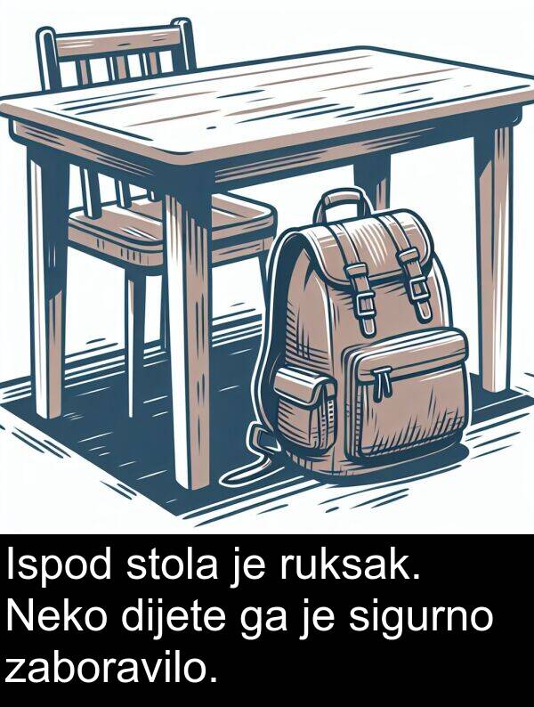 dijete: Ispod stola je ruksak. Neko dijete ga je sigurno zaboravilo.