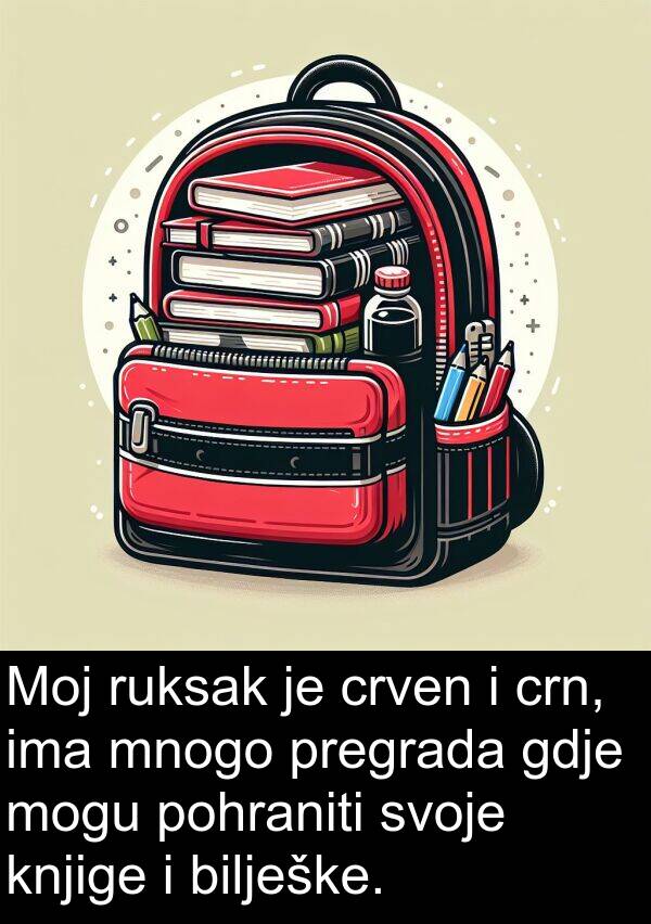 bilješke: Moj ruksak je crven i crn, ima mnogo pregrada gdje mogu pohraniti svoje knjige i bilješke.