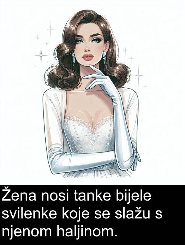 tanke: Žena nosi tanke bijele svilenke koje se slažu s njenom haljinom.