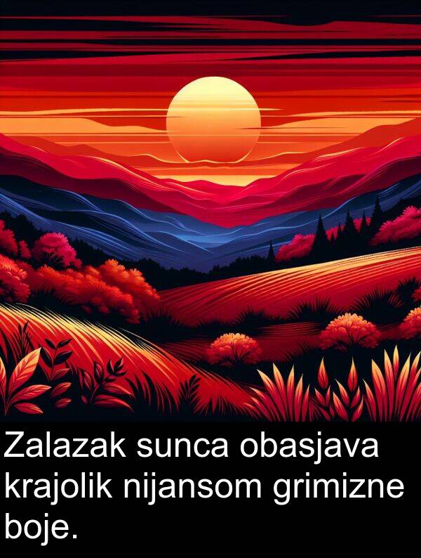 grimizne: Zalazak sunca obasjava krajolik nijansom grimizne boje.