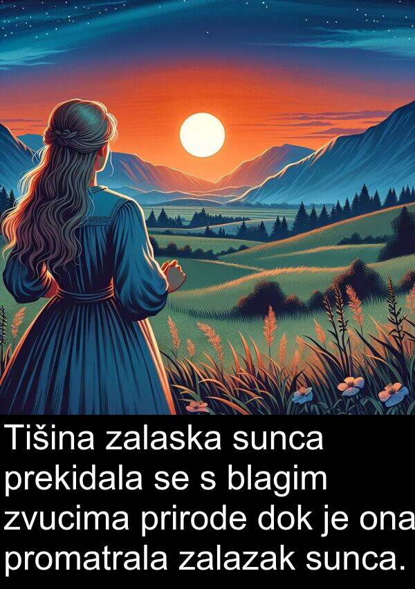 blagim: Tišina zalaska sunca prekidala se s blagim zvucima prirode dok je ona promatrala zalazak sunca.