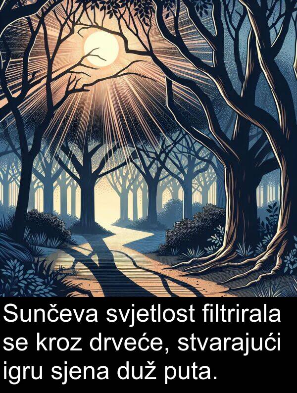 filtrirala: Sunčeva svjetlost filtrirala se kroz drveće, stvarajući igru sjena duž puta.