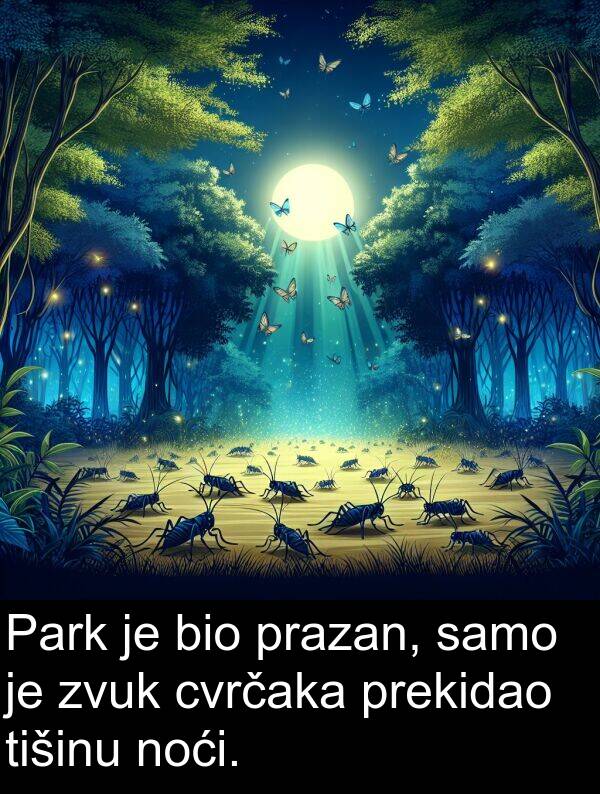 tišinu: Park je bio prazan, samo je zvuk cvrčaka prekidao tišinu noći.