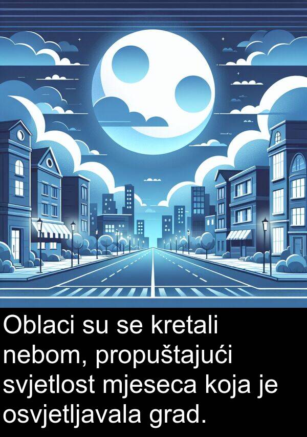 nebom: Oblaci su se kretali nebom, propuštajući svjetlost mjeseca koja je osvjetljavala grad.