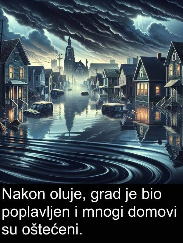 oluje: Nakon oluje, grad je bio poplavljen i mnogi domovi su oštećeni.