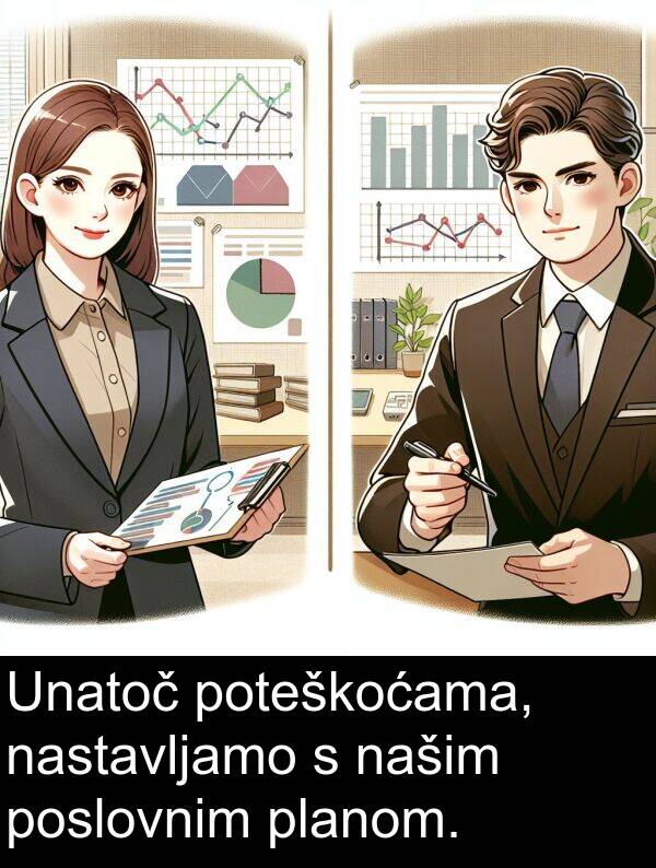 poteškoćama: Unatoč poteškoćama, nastavljamo s našim poslovnim planom.