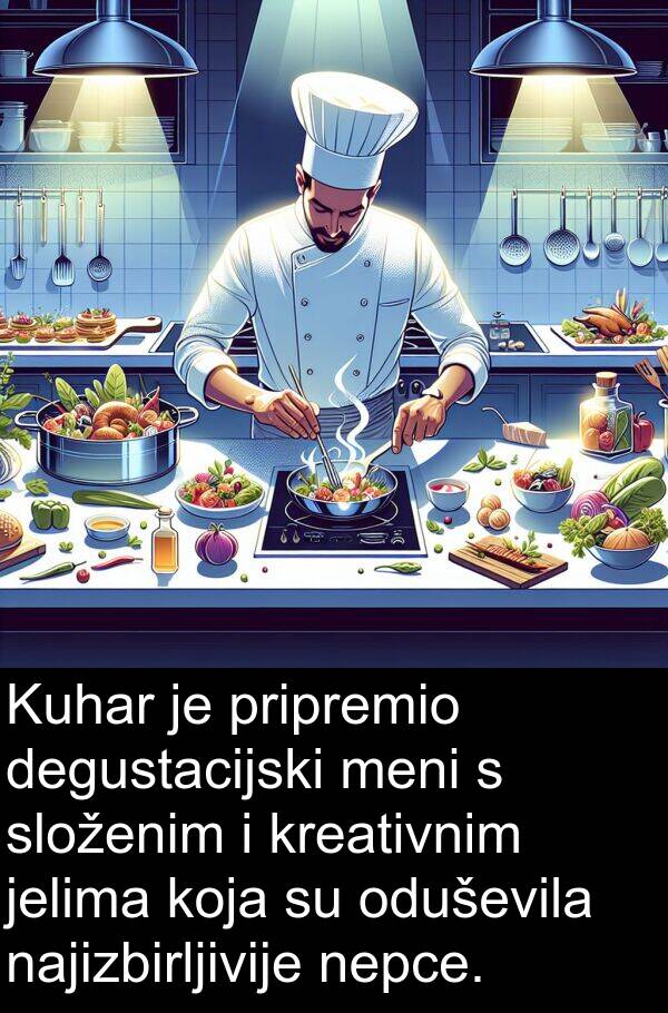 degustacijski: Kuhar je pripremio degustacijski meni s složenim i kreativnim jelima koja su oduševila najizbirljivije nepce.