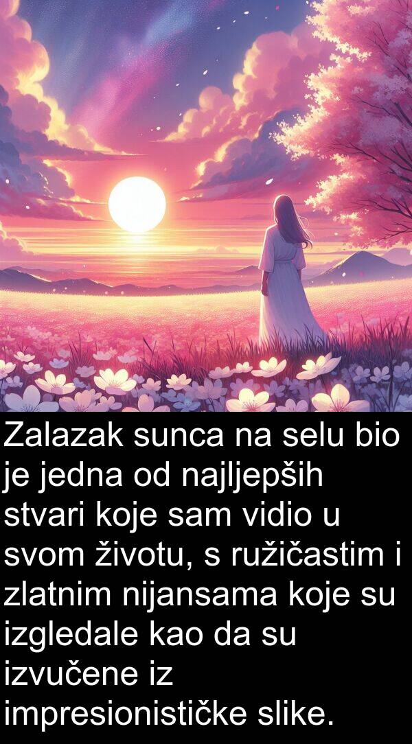 selu: Zalazak sunca na selu bio je jedna od najljepših stvari koje sam vidio u svom životu, s ružičastim i zlatnim nijansama koje su izgledale kao da su izvučene iz impresionističke slike.