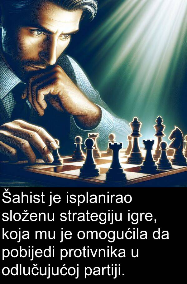 isplanirao: Šahist je isplanirao složenu strategiju igre, koja mu je omogućila da pobijedi protivnika u odlučujućoj partiji.