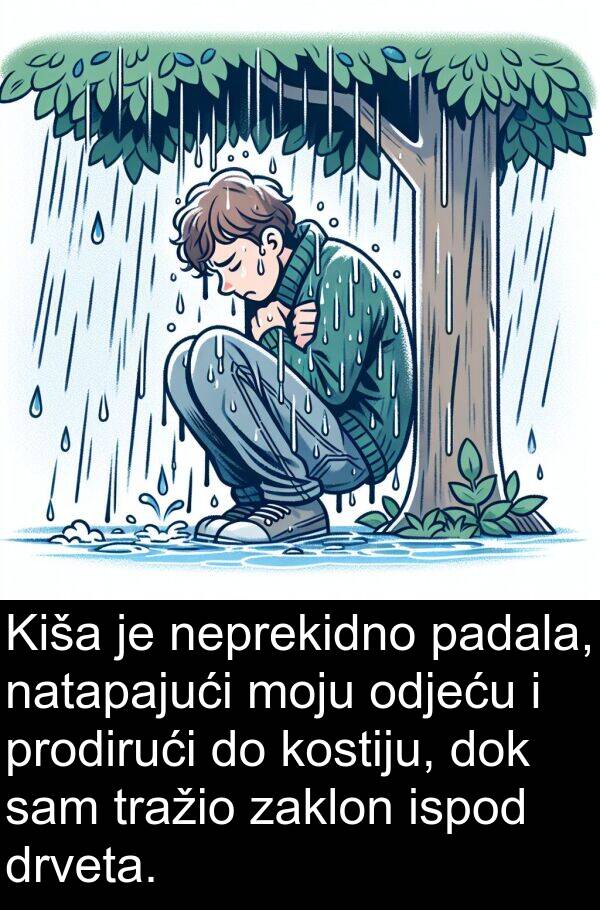 zaklon: Kiša je neprekidno padala, natapajući moju odjeću i prodirući do kostiju, dok sam tražio zaklon ispod drveta.