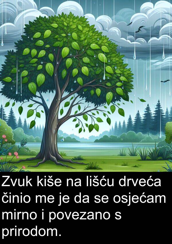 kiše: Zvuk kiše na lišću drveća činio me je da se osjećam mirno i povezano s prirodom.