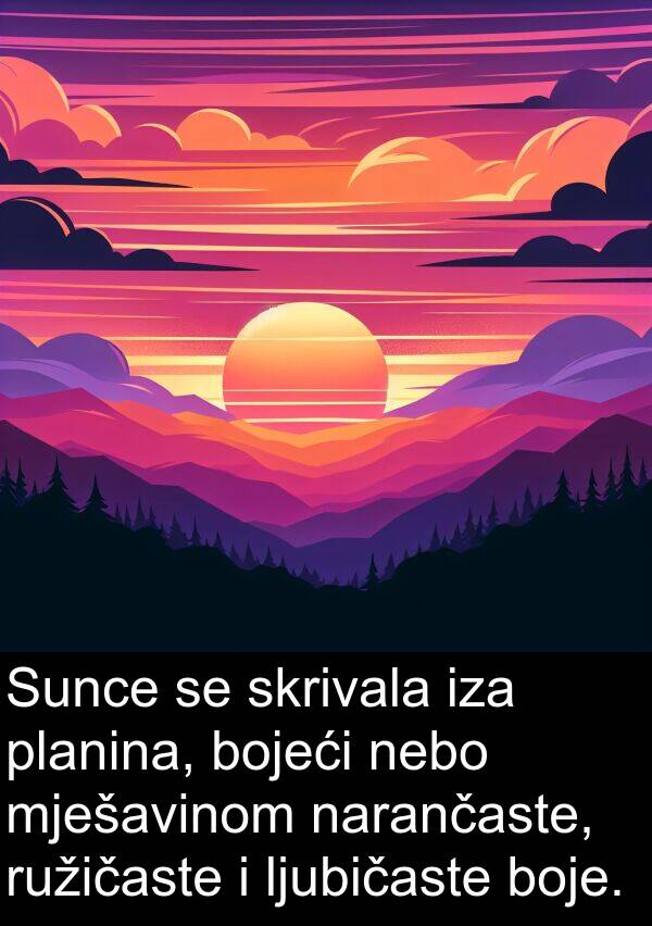 nebo: Sunce se skrivala iza planina, bojeći nebo mješavinom narančaste, ružičaste i ljubičaste boje.