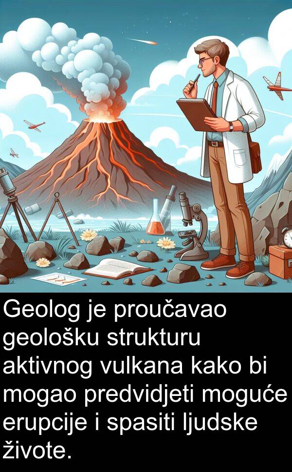 aktivnog: Geolog je proučavao geološku strukturu aktivnog vulkana kako bi mogao predvidjeti moguće erupcije i spasiti ljudske živote.