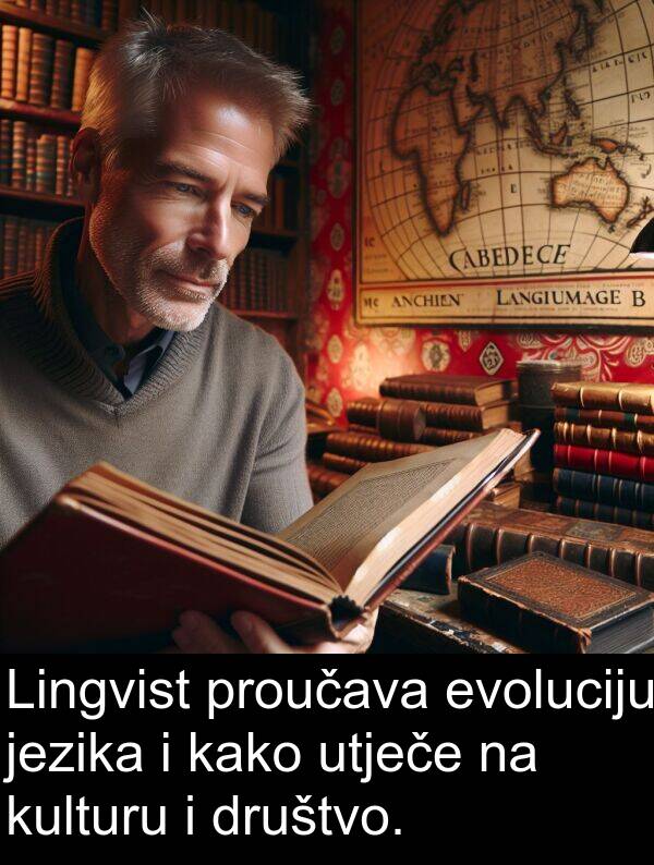 kulturu: Lingvist proučava evoluciju jezika i kako utječe na kulturu i društvo.