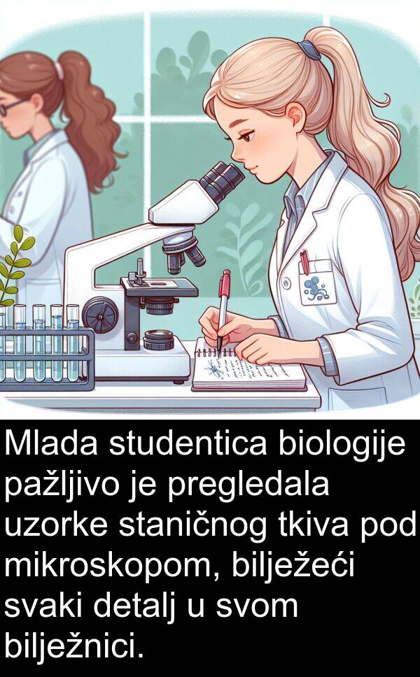 bilježeći: Mlada studentica biologije pažljivo je pregledala uzorke staničnog tkiva pod mikroskopom, bilježeći svaki detalj u svom bilježnici.