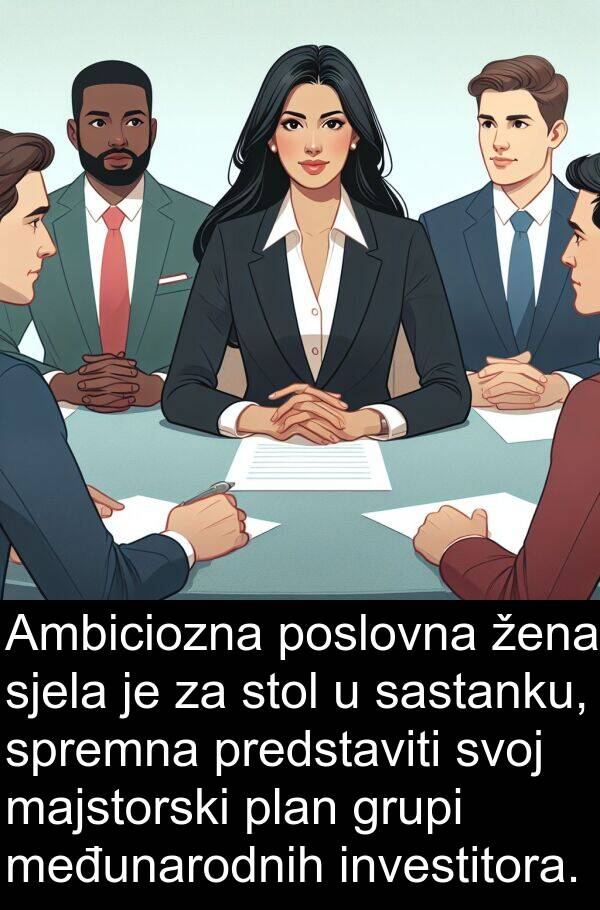 majstorski: Ambiciozna poslovna žena sjela je za stol u sastanku, spremna predstaviti svoj majstorski plan grupi međunarodnih investitora.