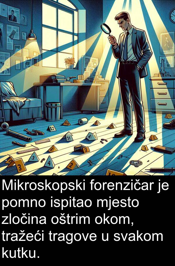 ispitao: Mikroskopski forenzičar je pomno ispitao mjesto zločina oštrim okom, tražeći tragove u svakom kutku.