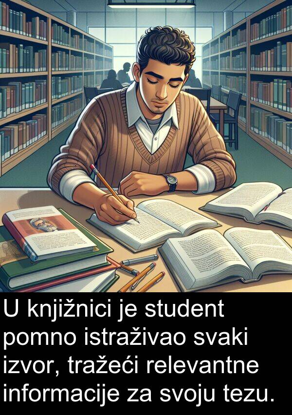 knjižnici: U knjižnici je student pomno istraživao svaki izvor, tražeći relevantne informacije za svoju tezu.