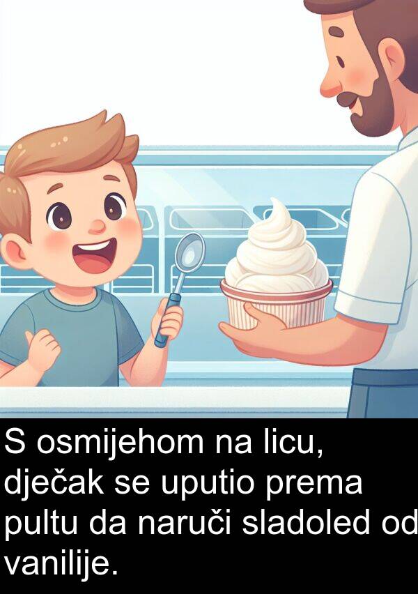 naruči: S osmijehom na licu, dječak se uputio prema pultu da naruči sladoled od vanilije.