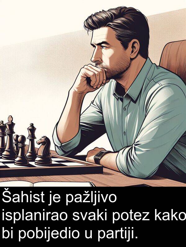 isplanirao: Šahist je pažljivo isplanirao svaki potez kako bi pobijedio u partiji.