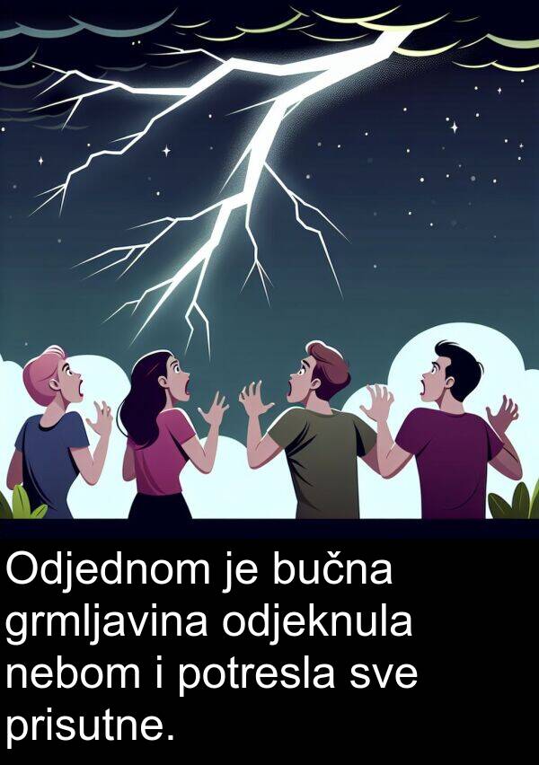 nebom: Odjednom je bučna grmljavina odjeknula nebom i potresla sve prisutne.